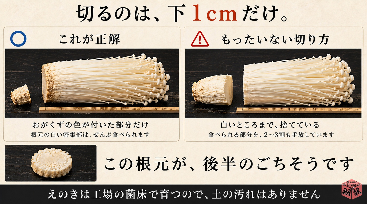 えのきの石づきは下1cmだけ切って根元まで食べる図解