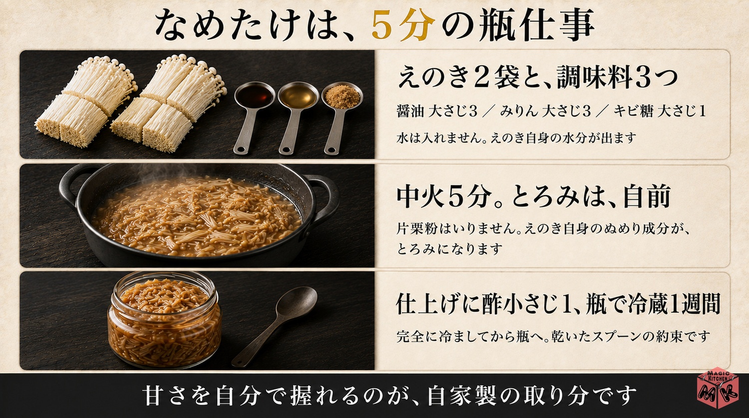 えのき2袋と醤油みりんキビ糖で5分煮る自家製なめたけの工程図