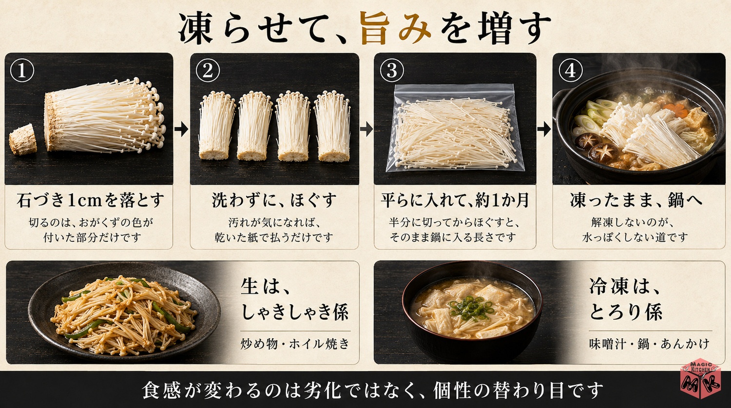 えのきを洗わずほぐして冷凍し凍ったまま調理する工程図