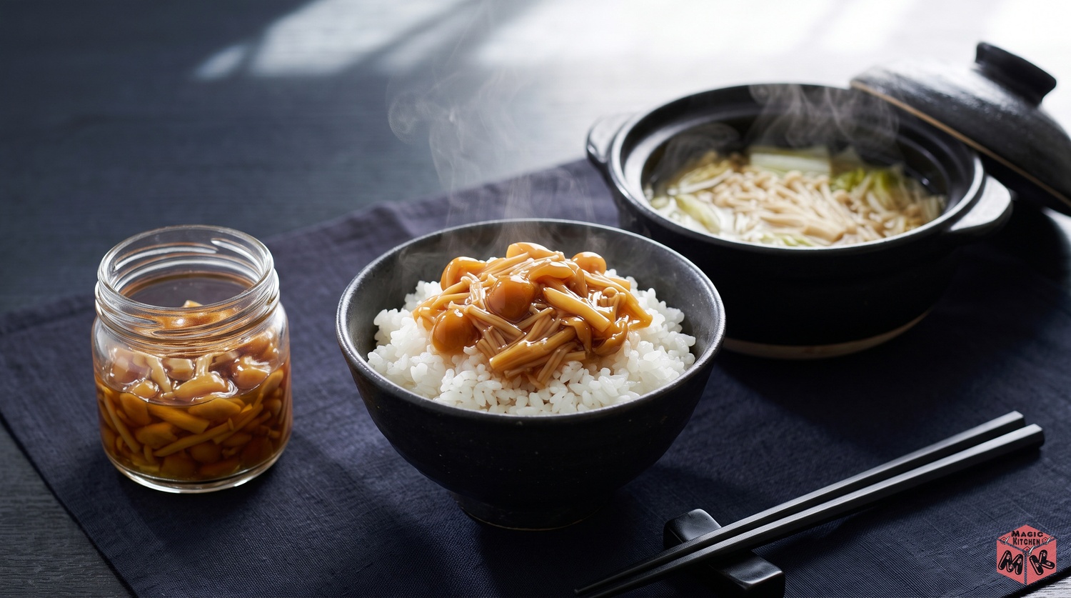 なめたけご飯と鍋のえのきの食卓イメージ