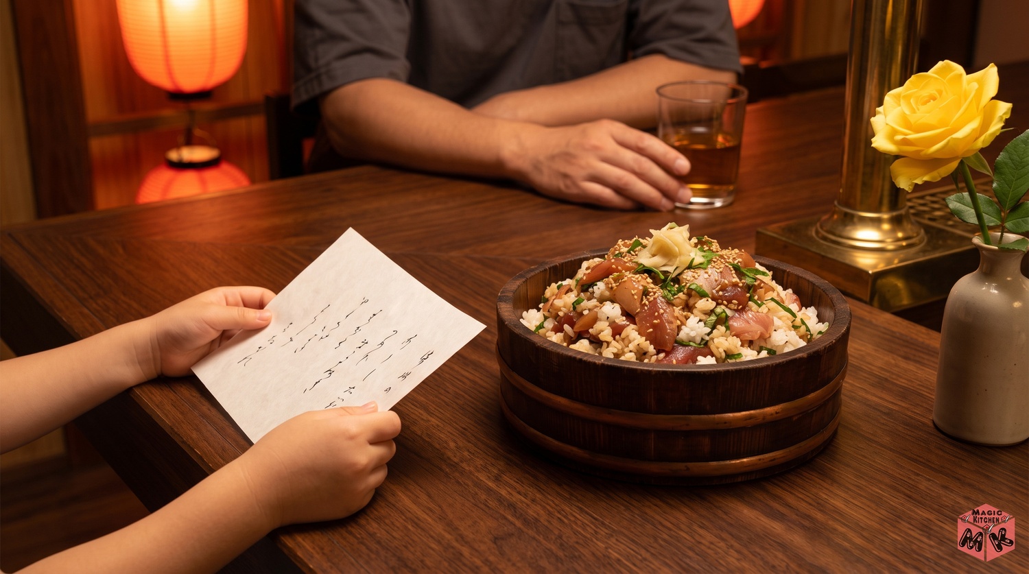 手書きのお品書きを運ぶ子供の手と父の日の食卓のイメージ