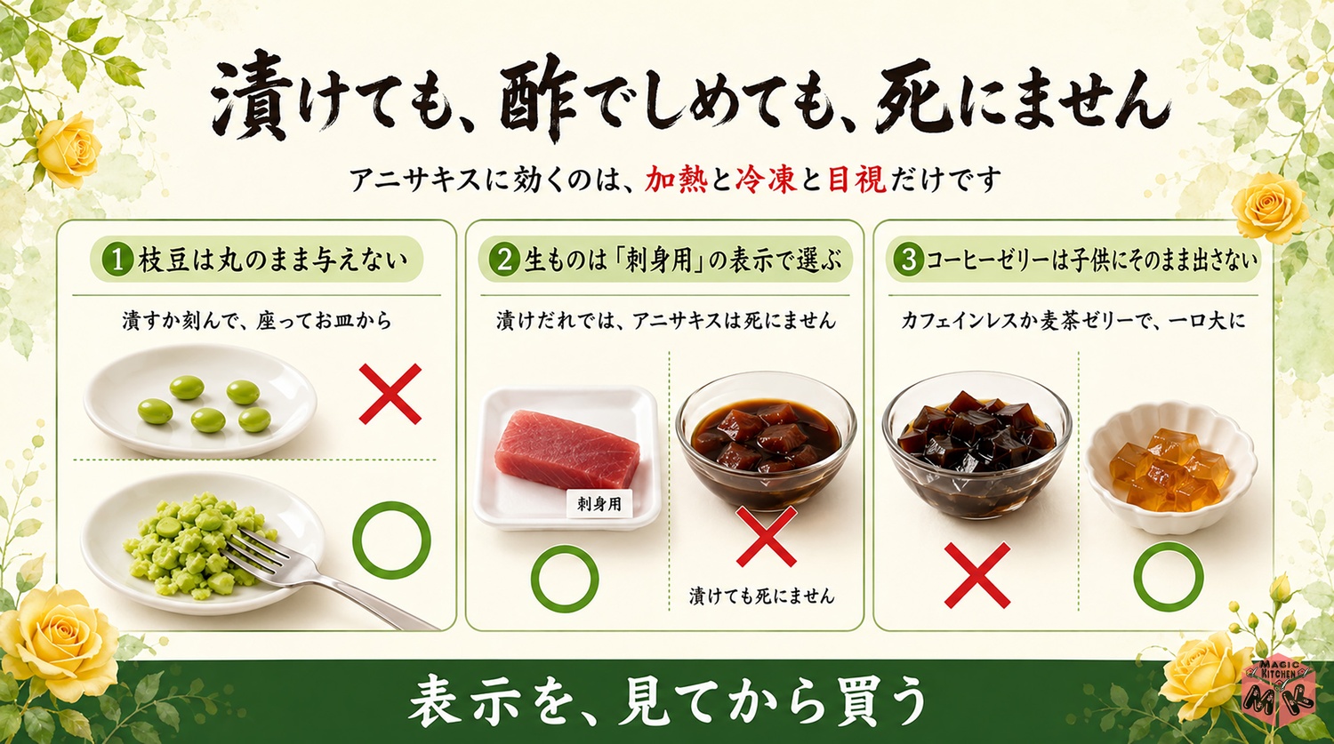 父の日の枝豆と生ものとカフェインの見守りポイントの図解