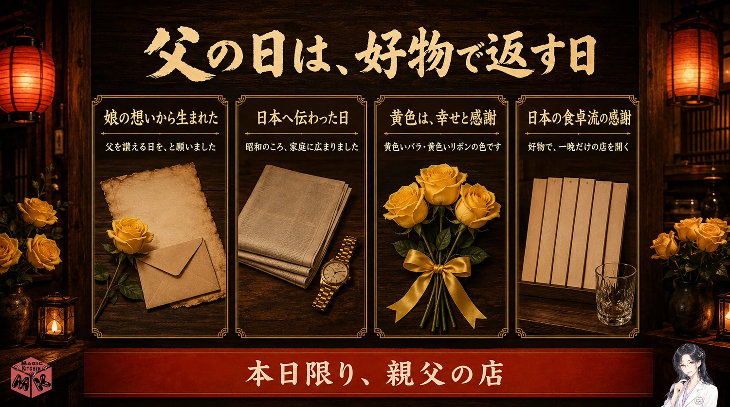 父の日の由来と黄色いバラの意味の図解