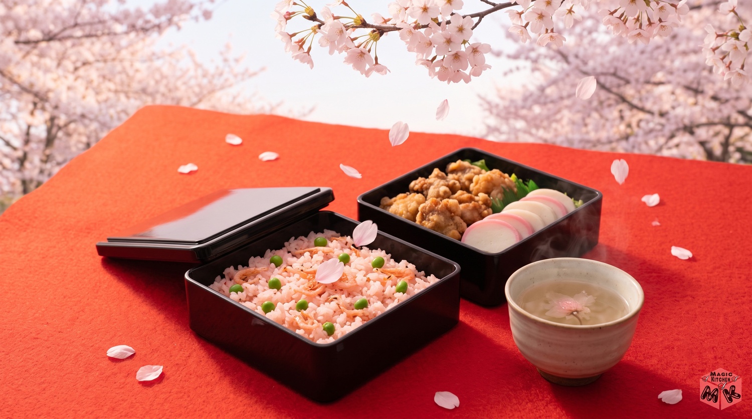 桜の下で家族と囲む花見の食卓のイメージ
