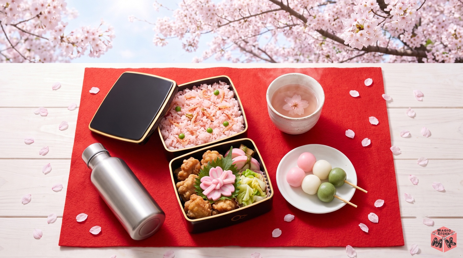 桜の下にならべた花見弁当のイメージ