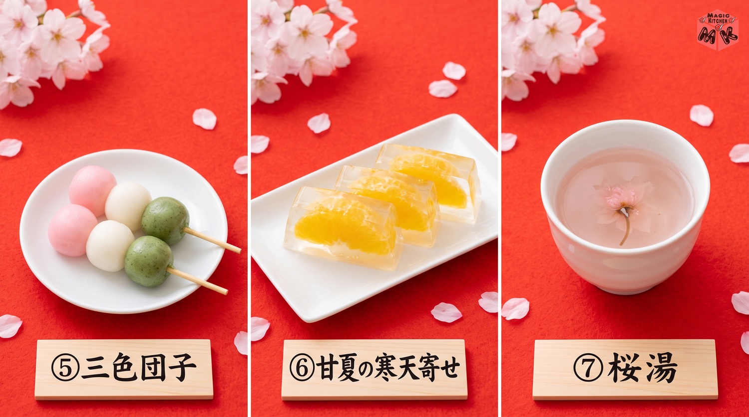 花見の甘味と飲み物3品のコラージュ（三色団子・甘夏の寒天寄せ・桜湯）