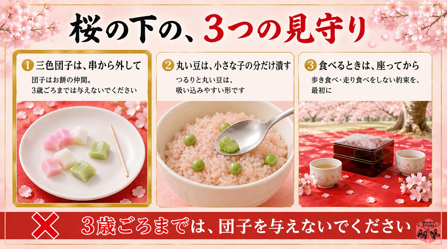 花見の見守り3つの図解（団子は串から外す・丸い豆は潰す・座ってから食べる）