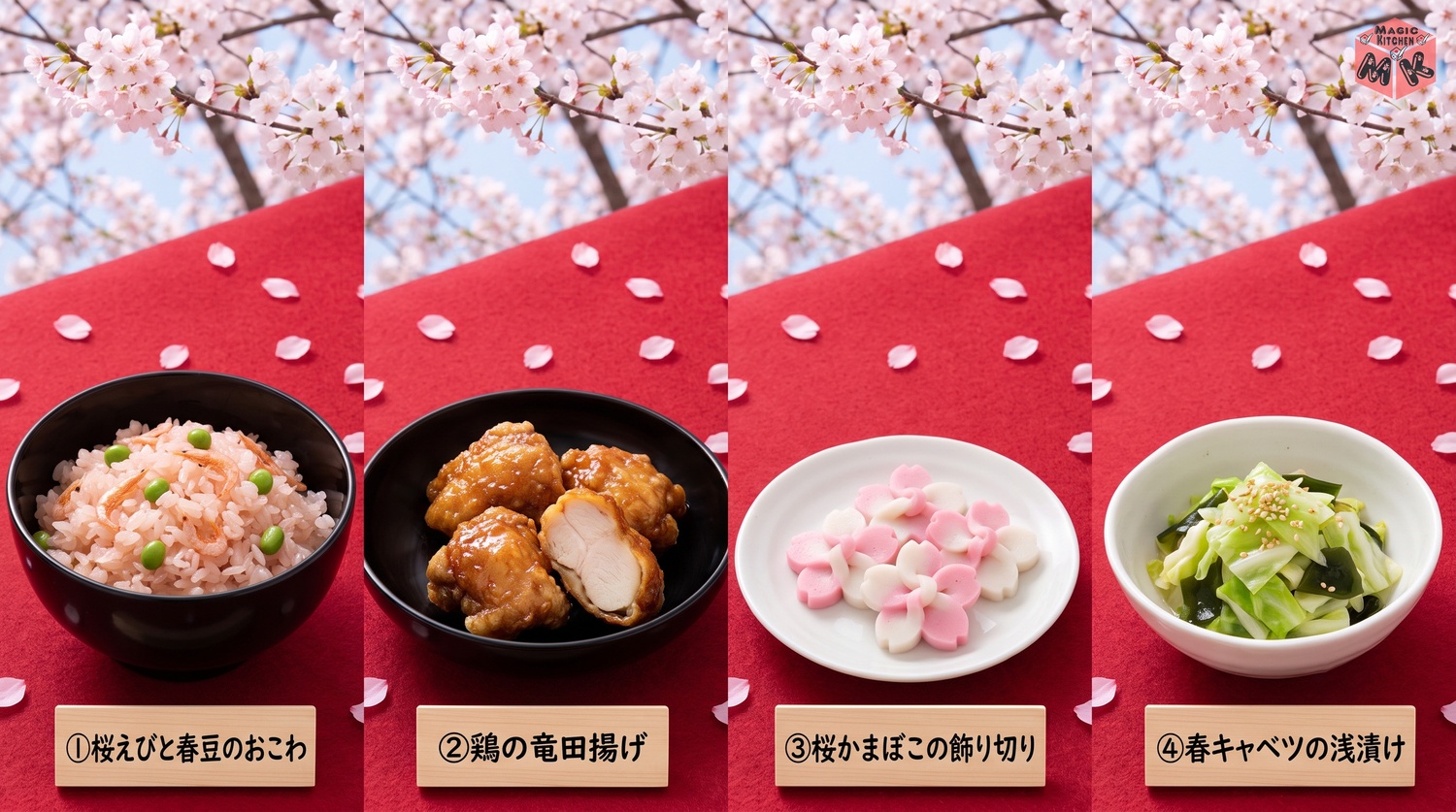 花見の献立の主役4品のコラージュ（おこわ・竜田揚げ・桜かまぼこ・浅漬け）