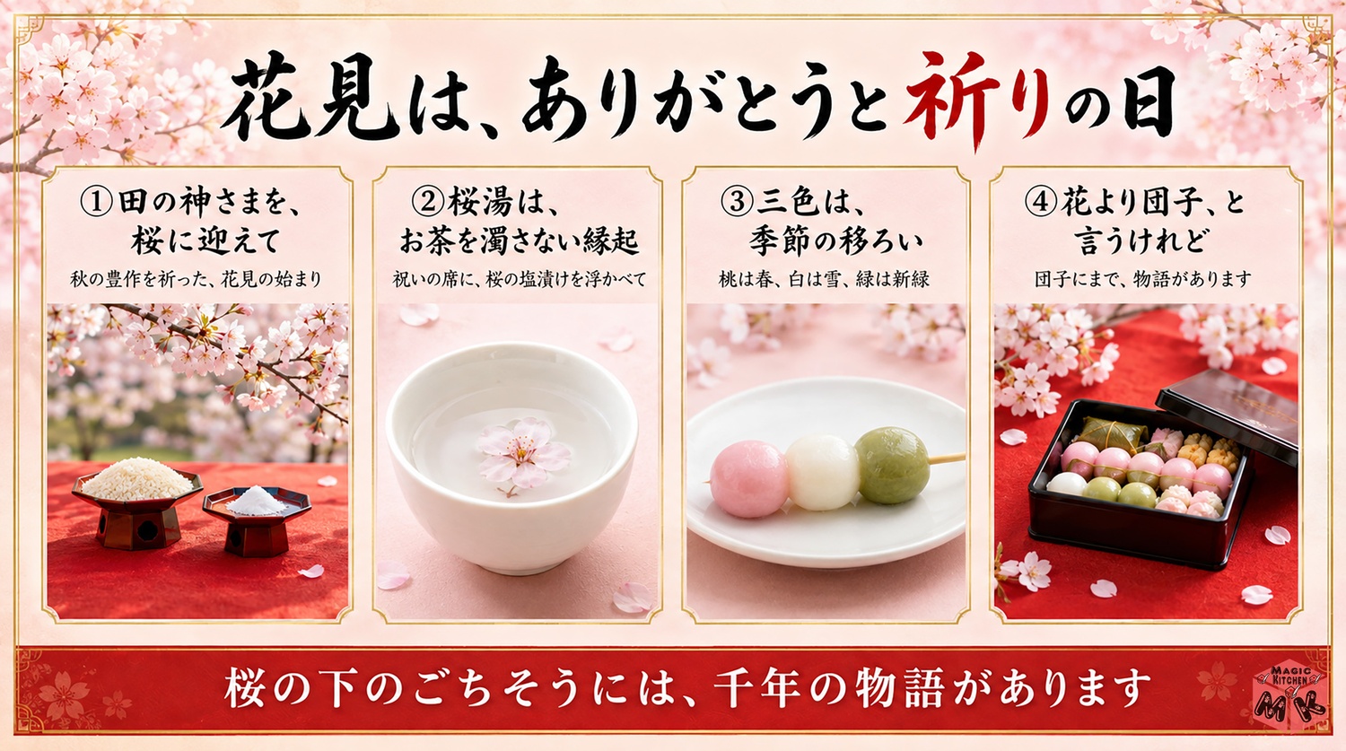 花見の由来と桜湯・三色団子の縁起の図解