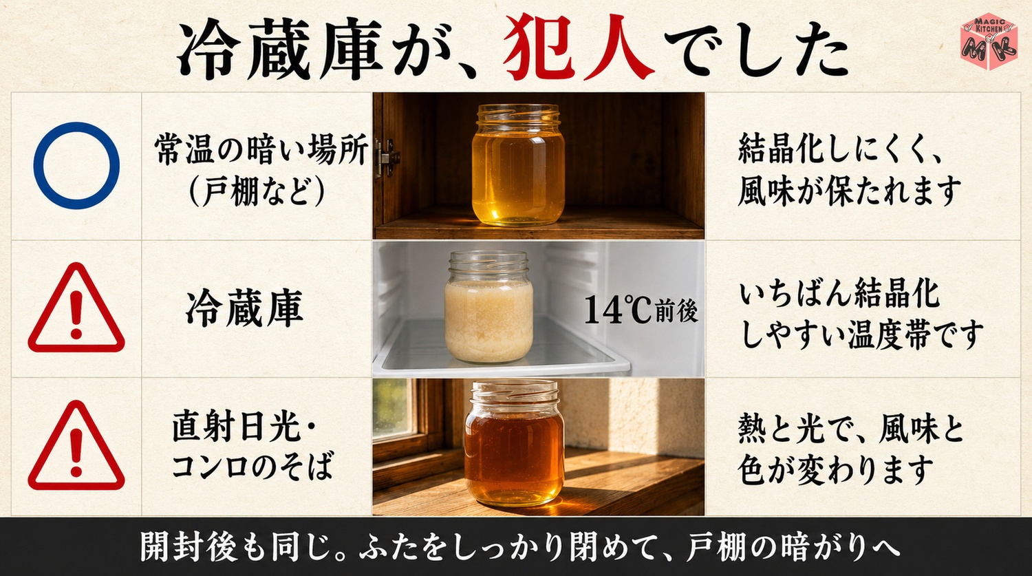 はちみつは常温の暗い場所が正解で冷蔵庫がNGの図解