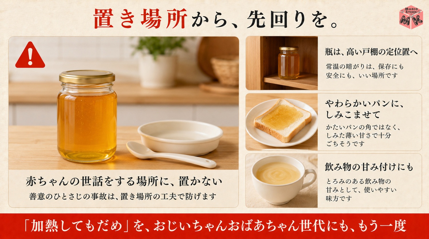赤ちゃんのいる家は台所の手の届く場所にはちみつを置かず高齢の方にはやわらかいパンにしみこませる介護の図解