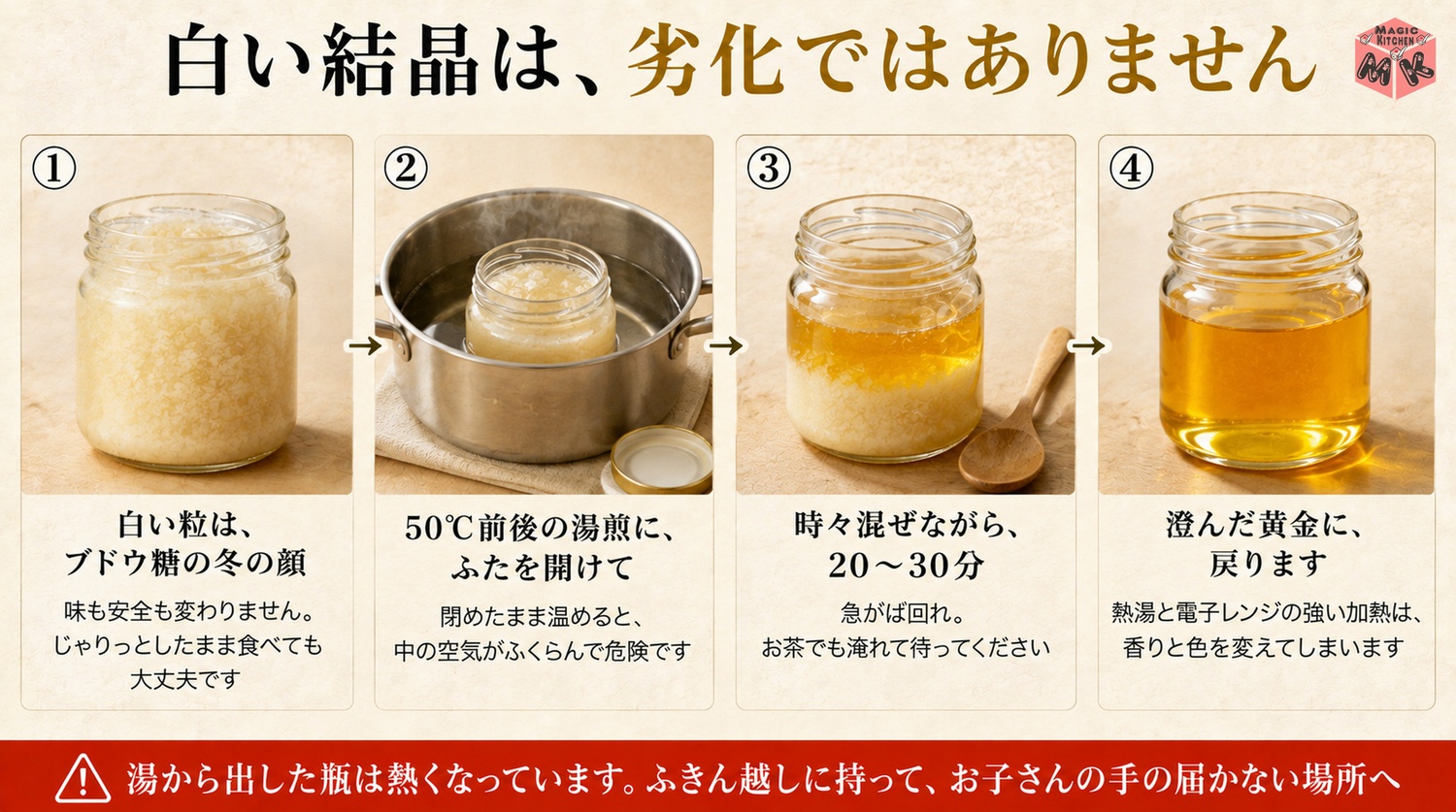 結晶化したはちみつを50度の湯煎でゆっくり戻す工程図