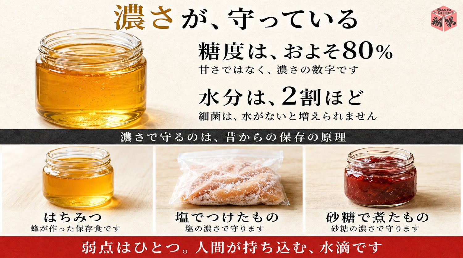 はちみつが腐らないと言われる高糖度と低水分の理屈の図解