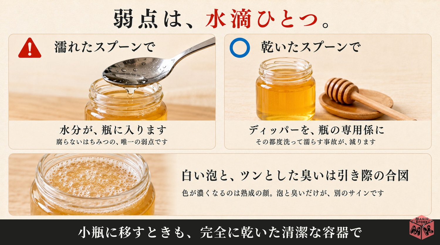 乾いたスプーンで発酵を防ぐ約束と発酵サインの図解
