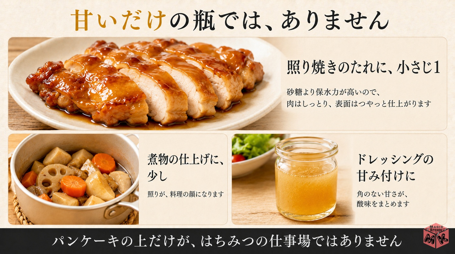 はちみつを照り焼きのたれや煮物の仕上げに使うと艶が出る図解