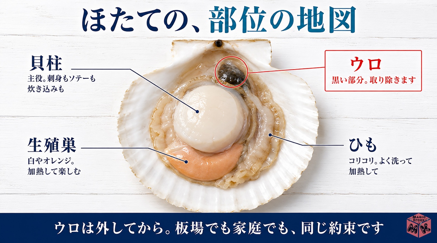 ほたての部位の地図（貝柱・ひも・生殖巣・ウロ）の図解