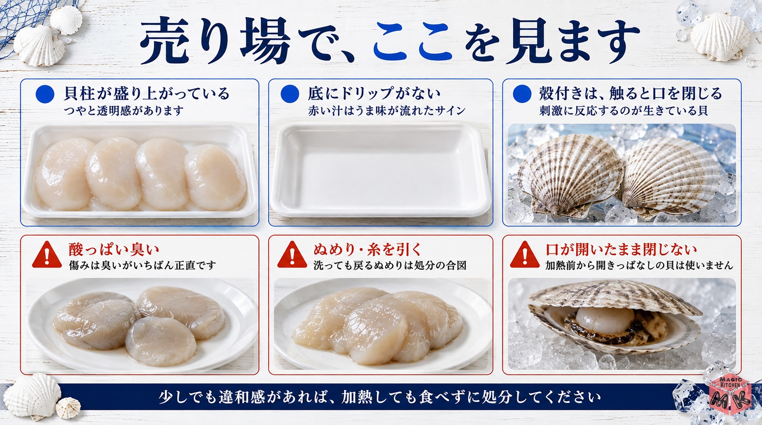 新鮮なほたての選び方と傷んだサインの図解