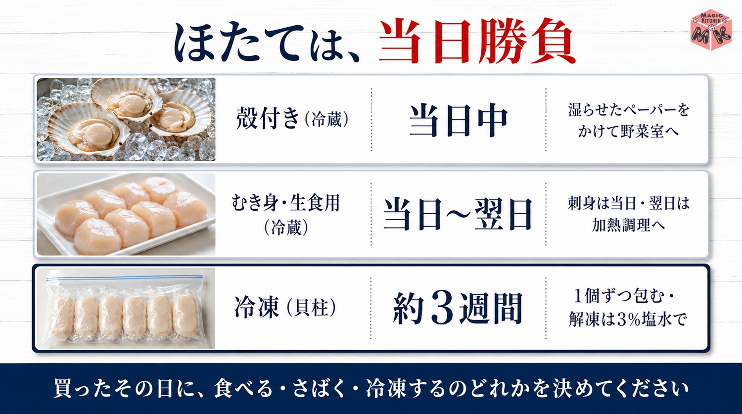 ほたての保存期間早見表の図解