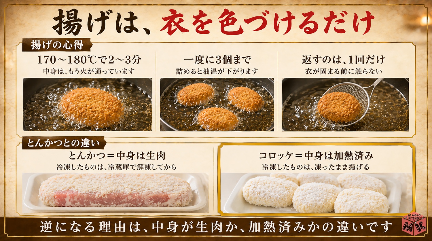 コロッケの揚げ方の心得と、とんかつとの違いの図解