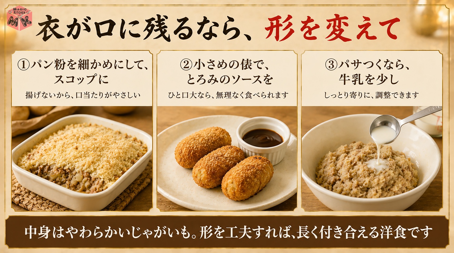 衣が口に残るときのコロッケの形の工夫（スコップ・小さめの俵・牛乳）の図解