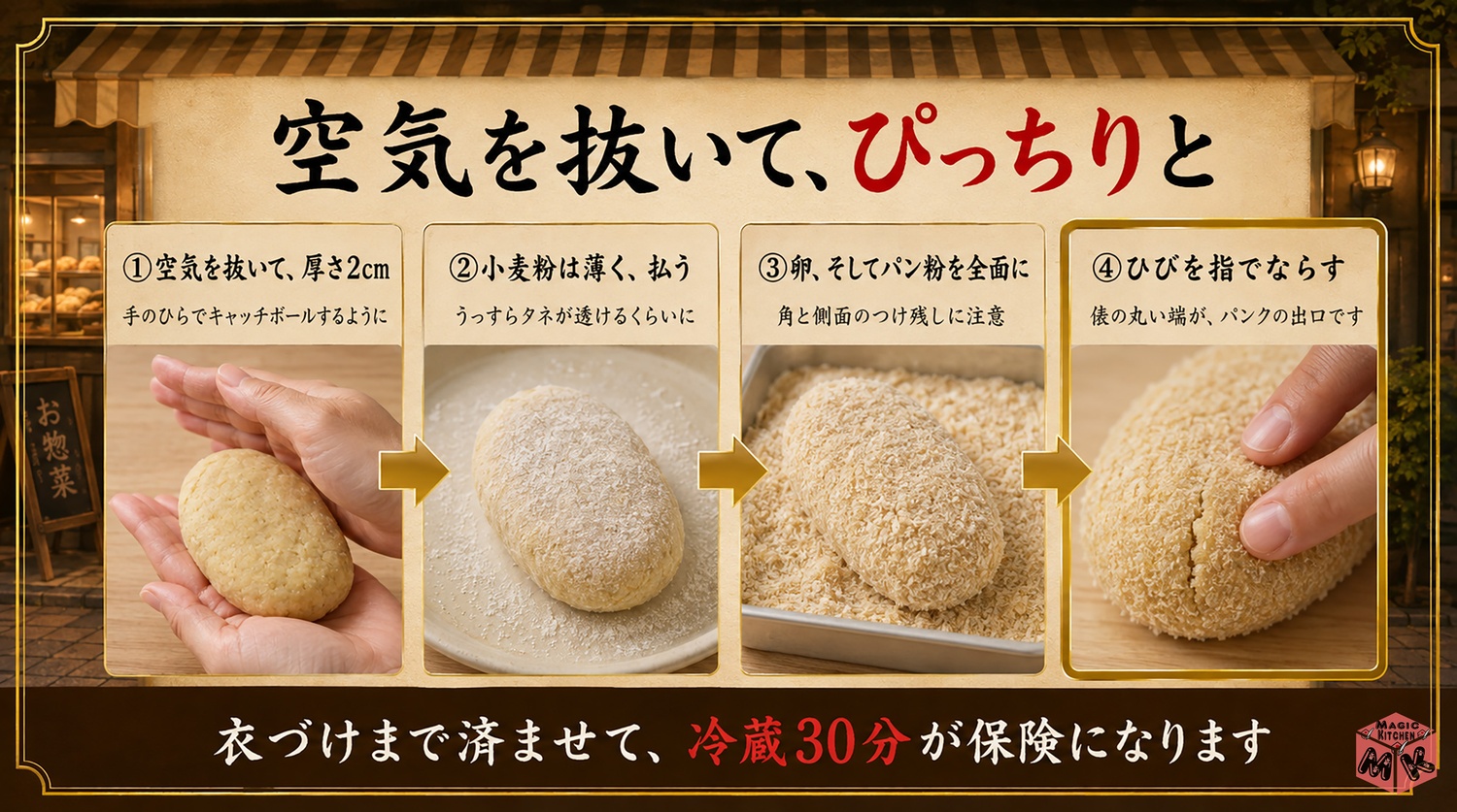 コロッケの成形と衣づけ4ステップの工程図