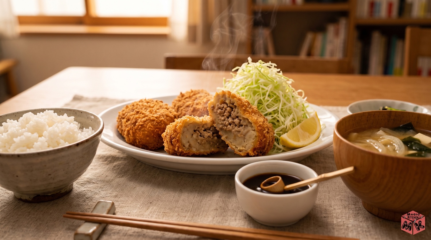 揚げたてコロッケの定食を家族の食卓に並べたイメージ