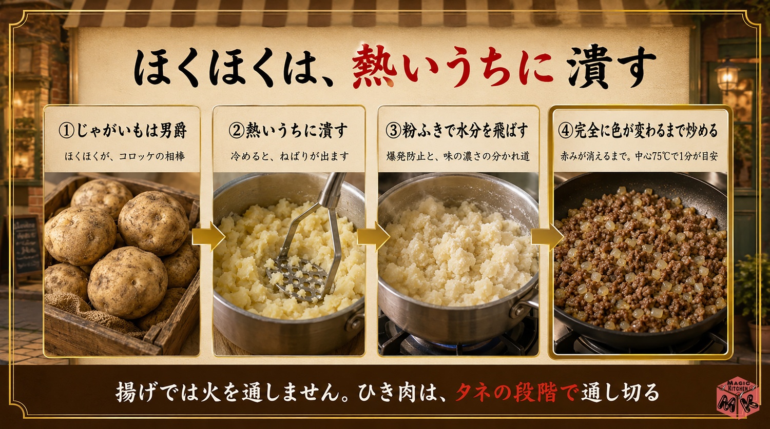 コロッケのほくほくタネを作る4ステップの工程図