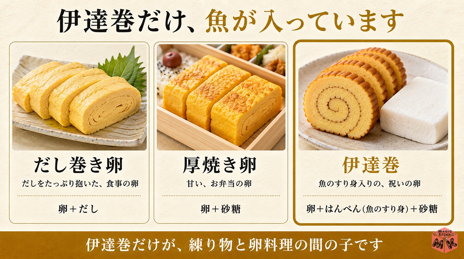 だし巻き卵と厚焼き卵と伊達巻の違いを比べた図解
