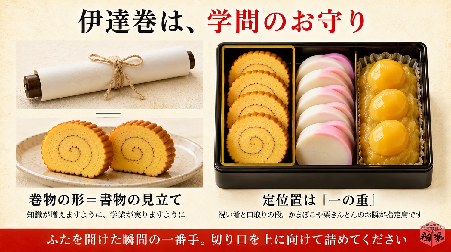 伊達巻は巻物の形で学問の縁起物という図解