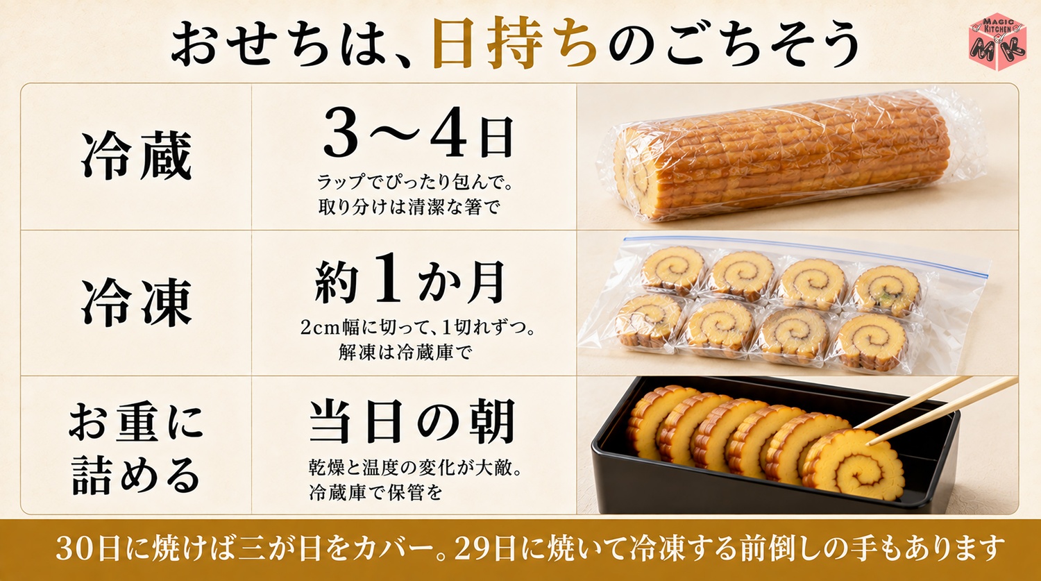 伊達巻は冷蔵3〜4日と冷凍1か月で保存できる図解