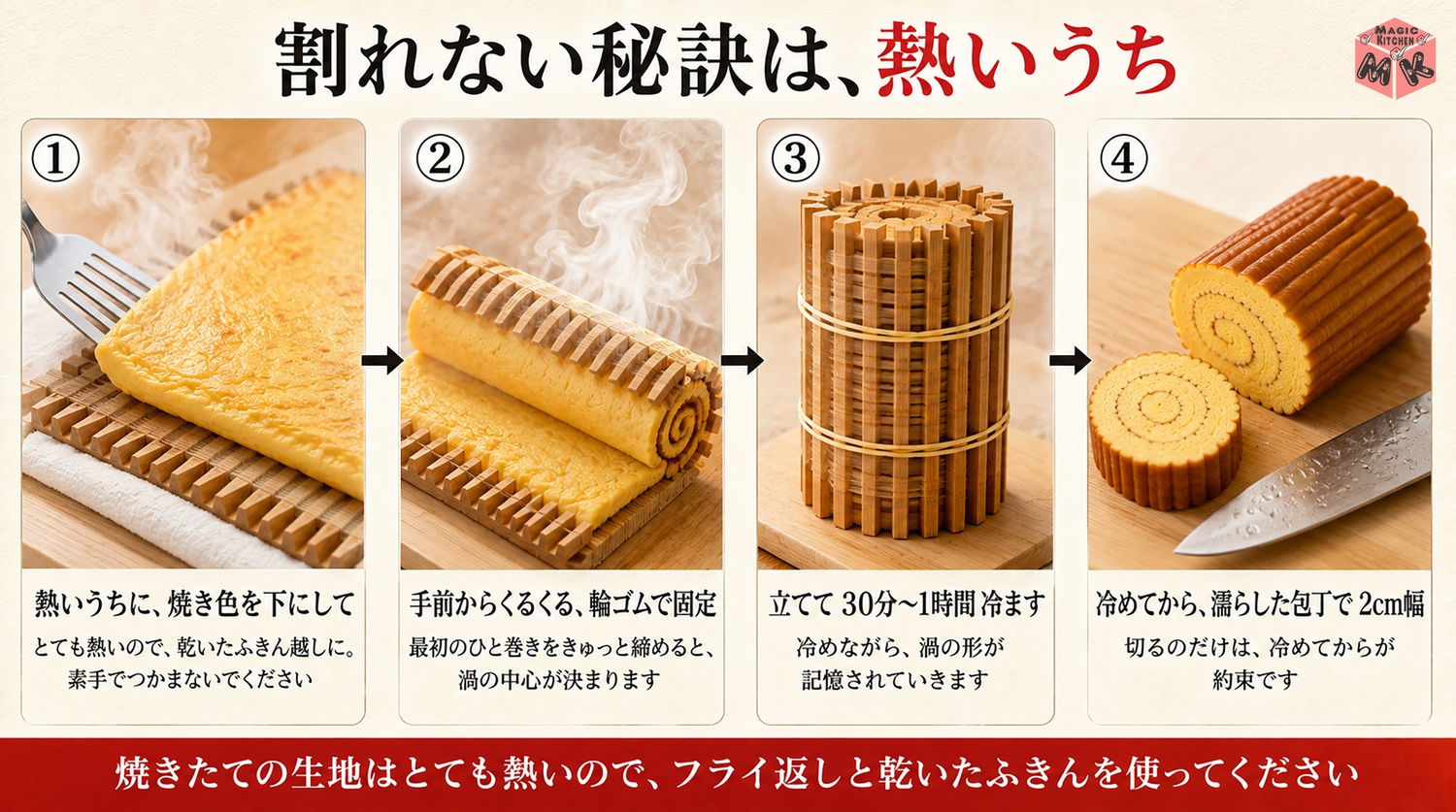 伊達巻を熱いうちに鬼すだれで巻く工程図