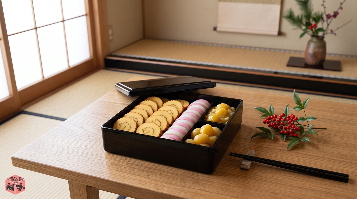 お重に伊達巻を詰める正月の朝のイメージ