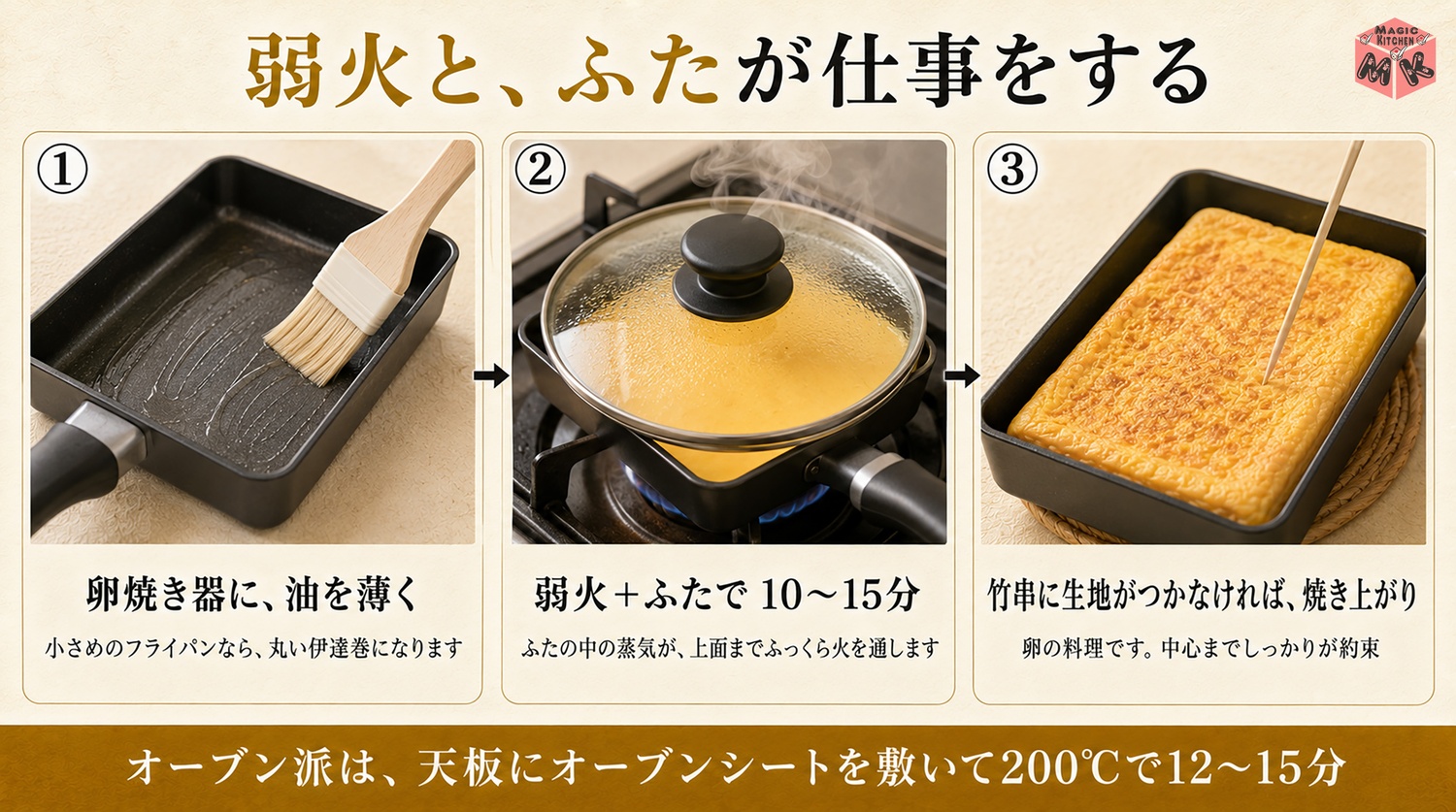 伊達巻を弱火のふた焼きで焼く工程図