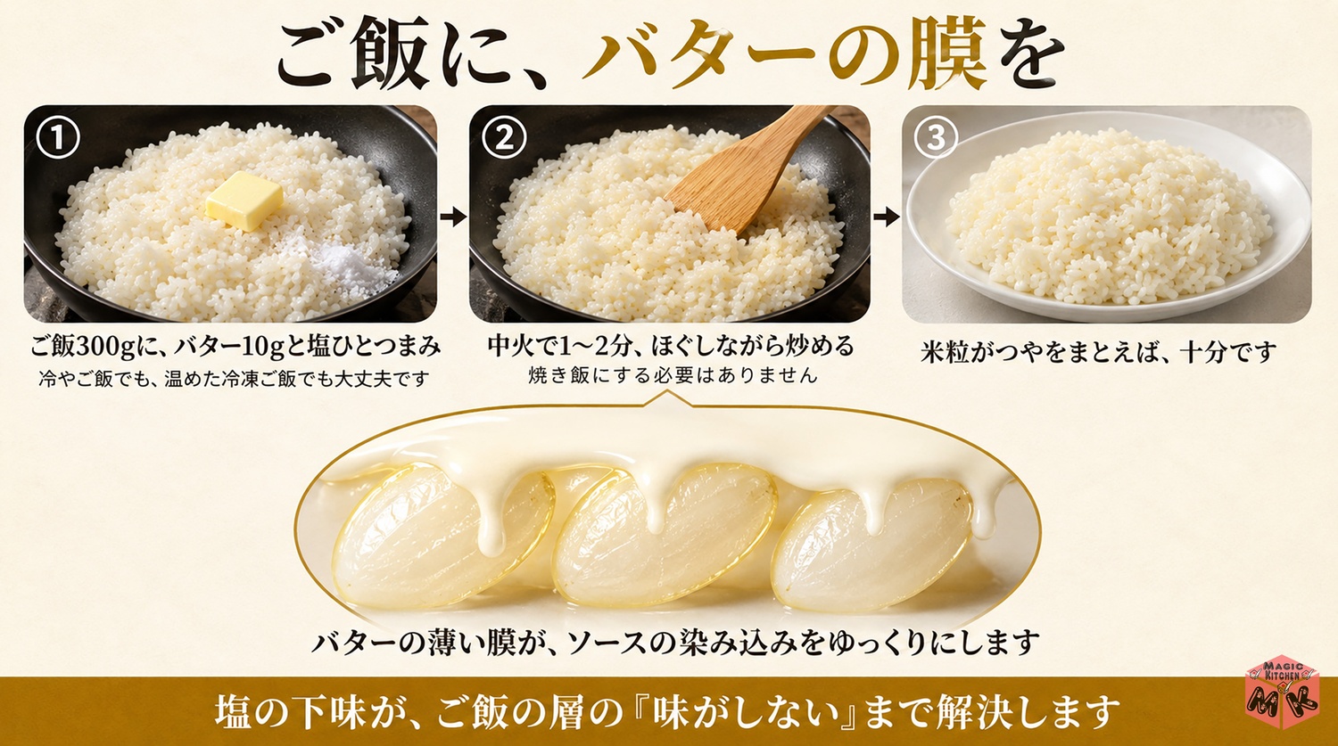 ご飯をバターと塩で軽く炒めるバターライスの工程図