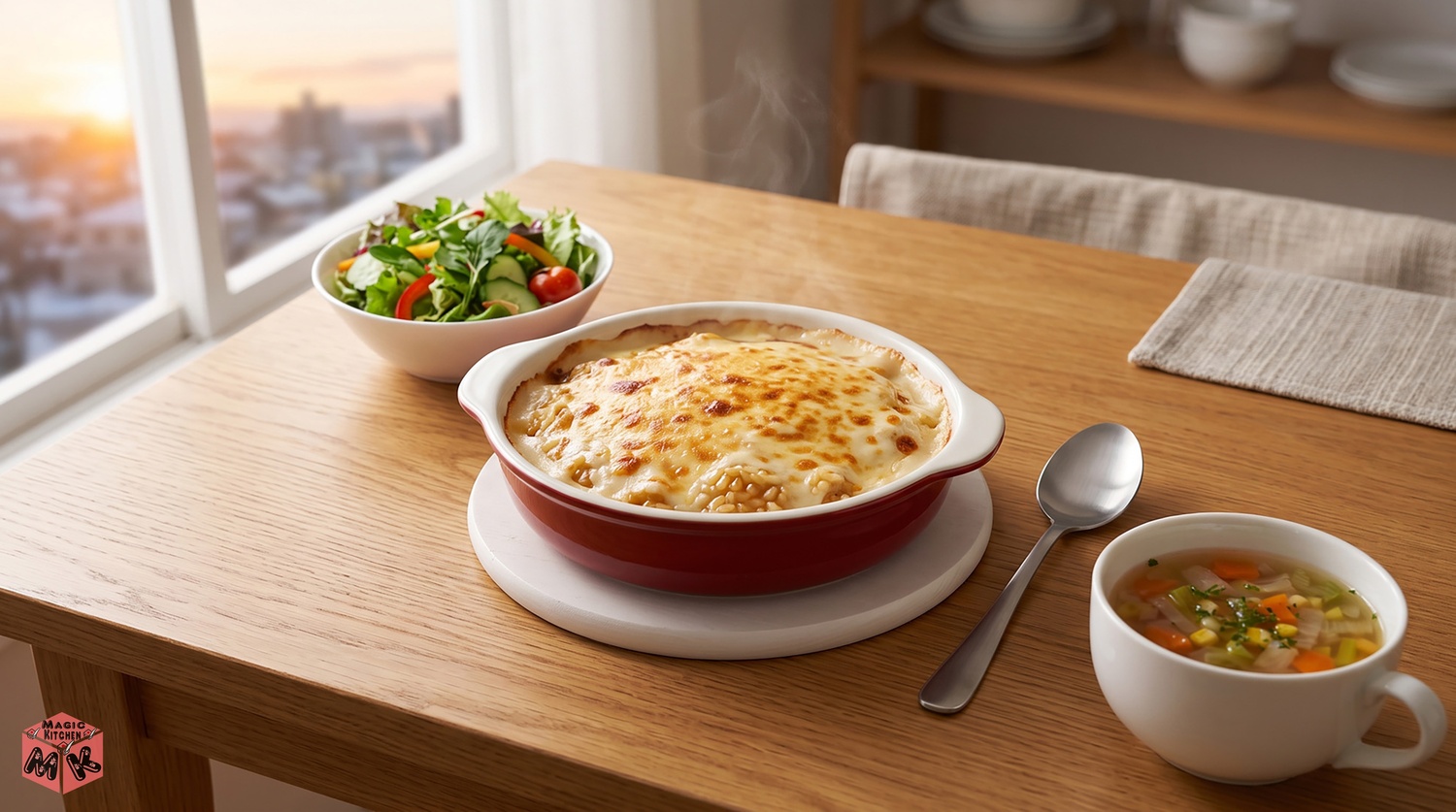 焦げ目のドリアとサラダとスープの冬の食卓イメージ