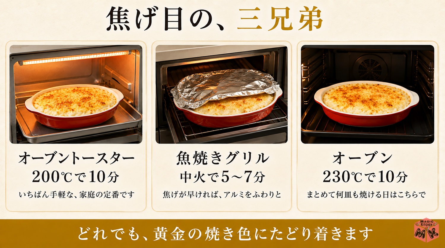 トースターとグリルとオーブンの焦げ目の付け方の図解