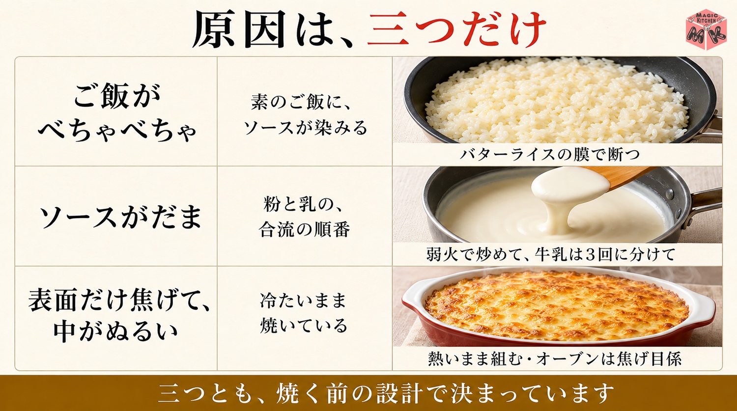 ドリアの失敗3大原因と対策の図解