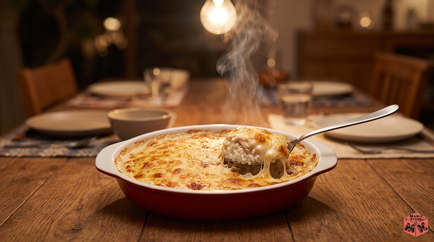 ドリアをスプーンですくった断面と湯気の食卓イメージ