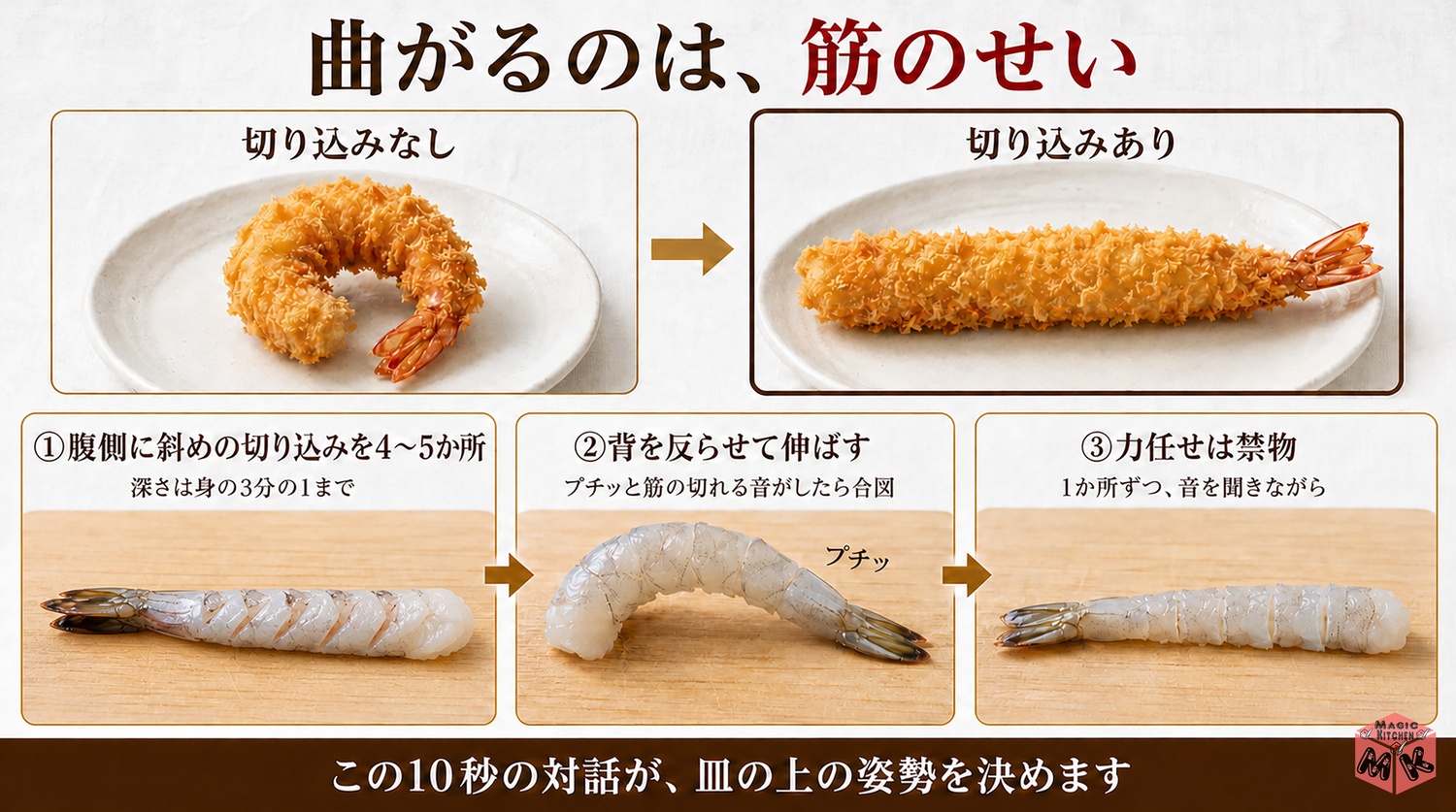 エビフライをまっすぐ揚げる下処理の図解(腹側に斜めの切り込みを4〜5か所)