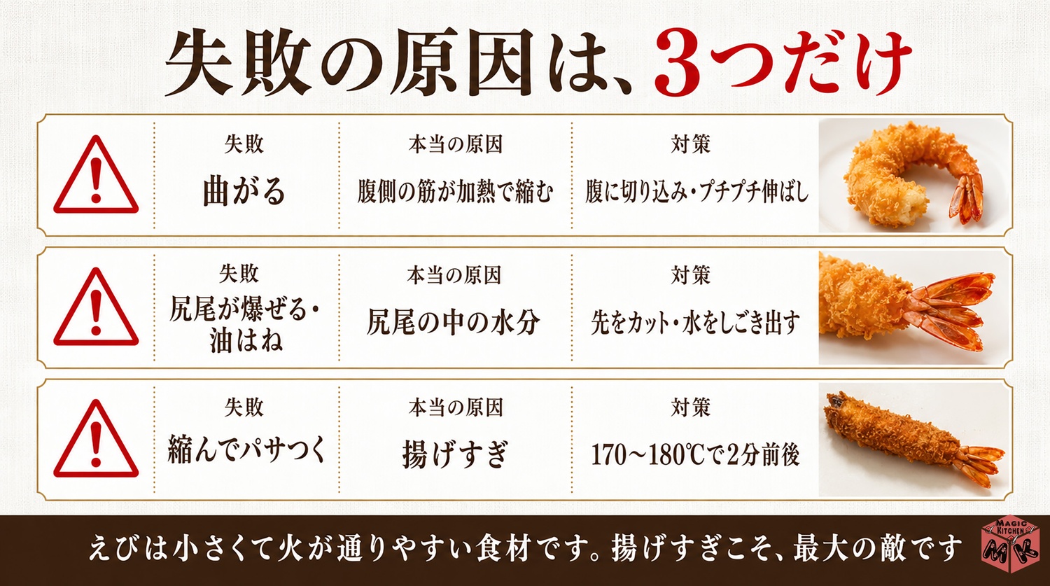 エビフライの失敗の原因3つと対策の図解