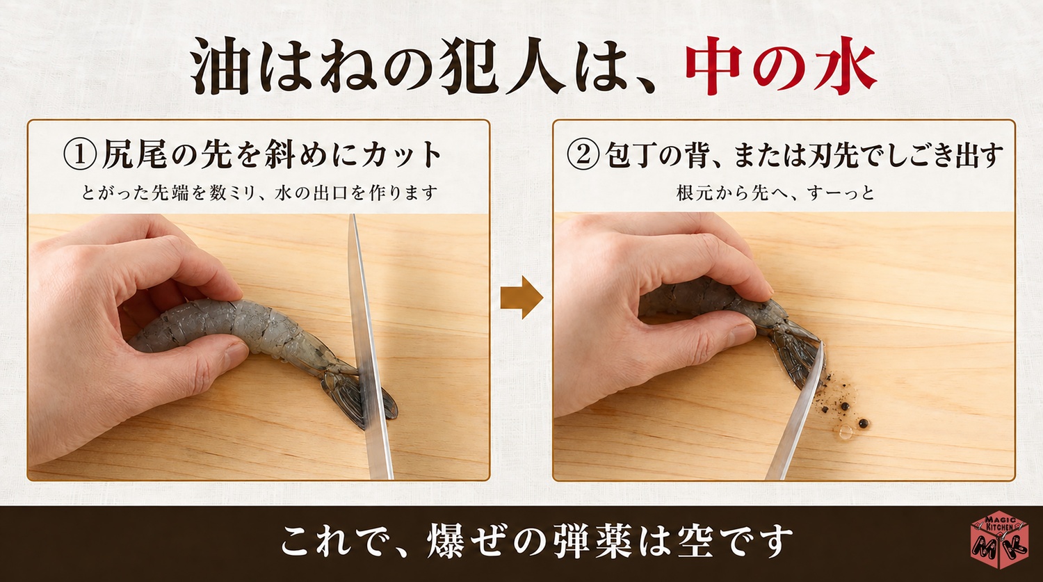 エビフライの尻尾の下処理の図解(油はねの犯人は中の水)