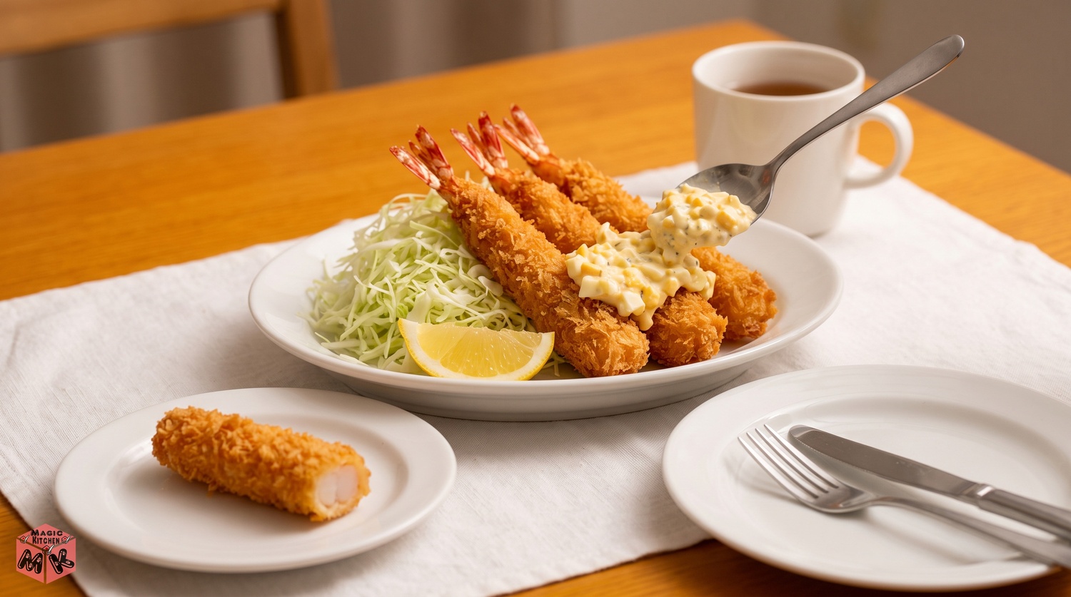 エビフライを食卓に並べたイメージ