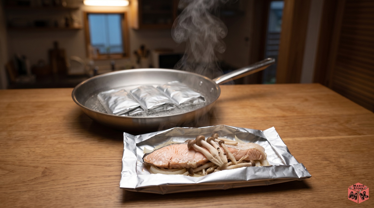 開けたホイル焼きの湯気とフライパンの包みの食卓イメージ