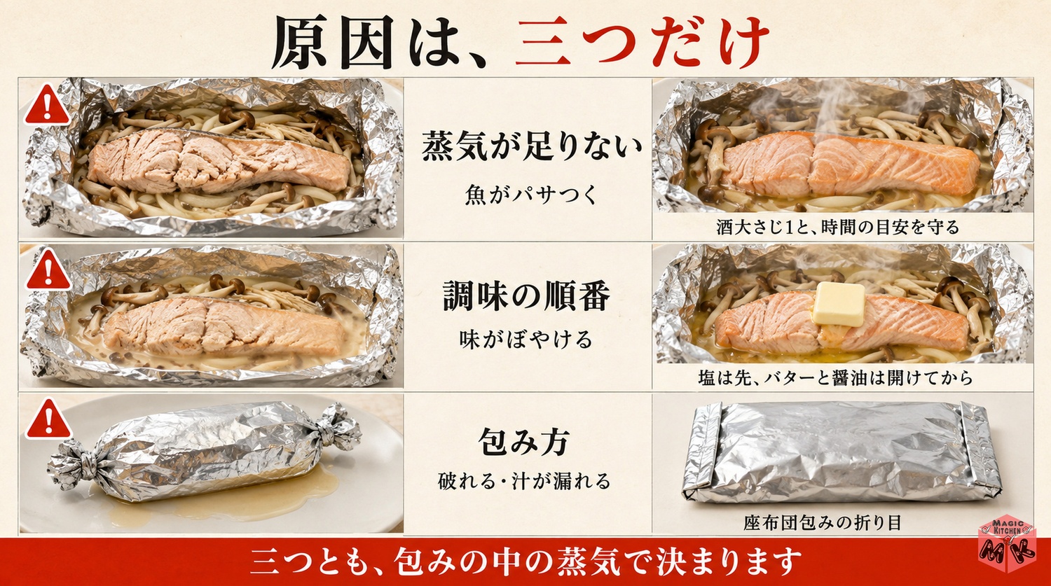 ホイル焼きの失敗3大原因と対策の図解