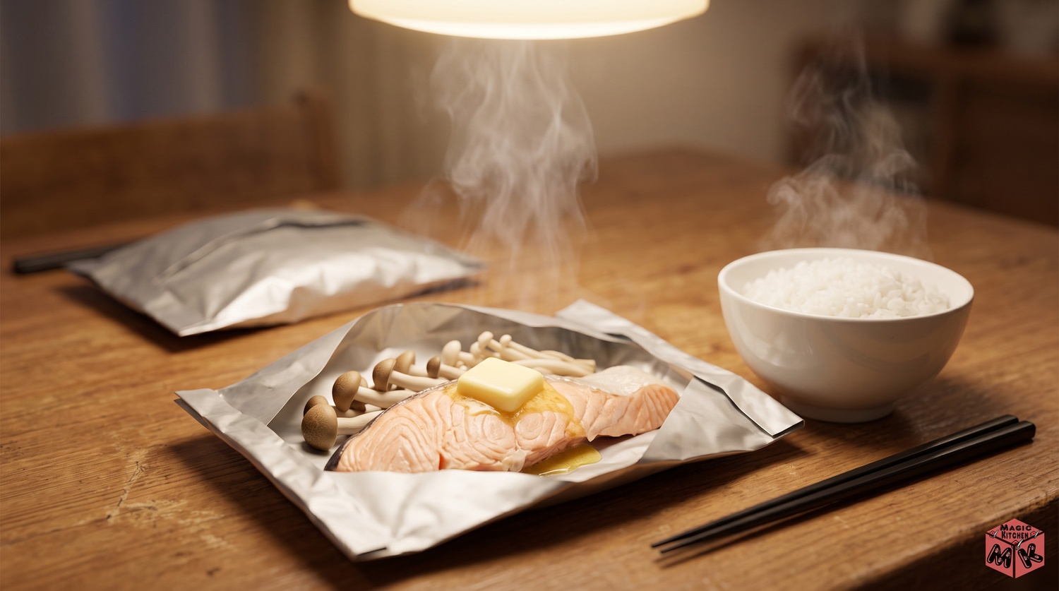家族の食卓でホイル焼きの包みを開ける瞬間のイメージ