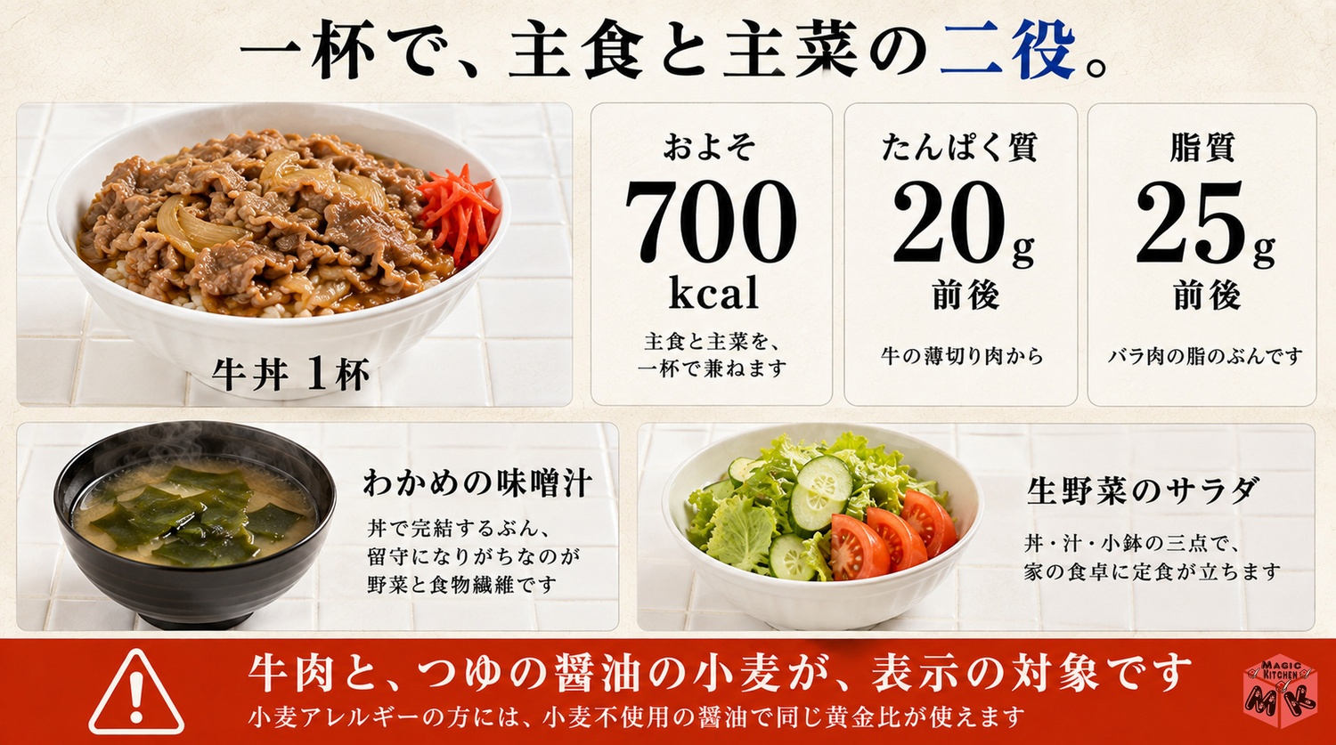牛丼1杯はおよそ700kcalで主食と主菜の二役という栄養の図解