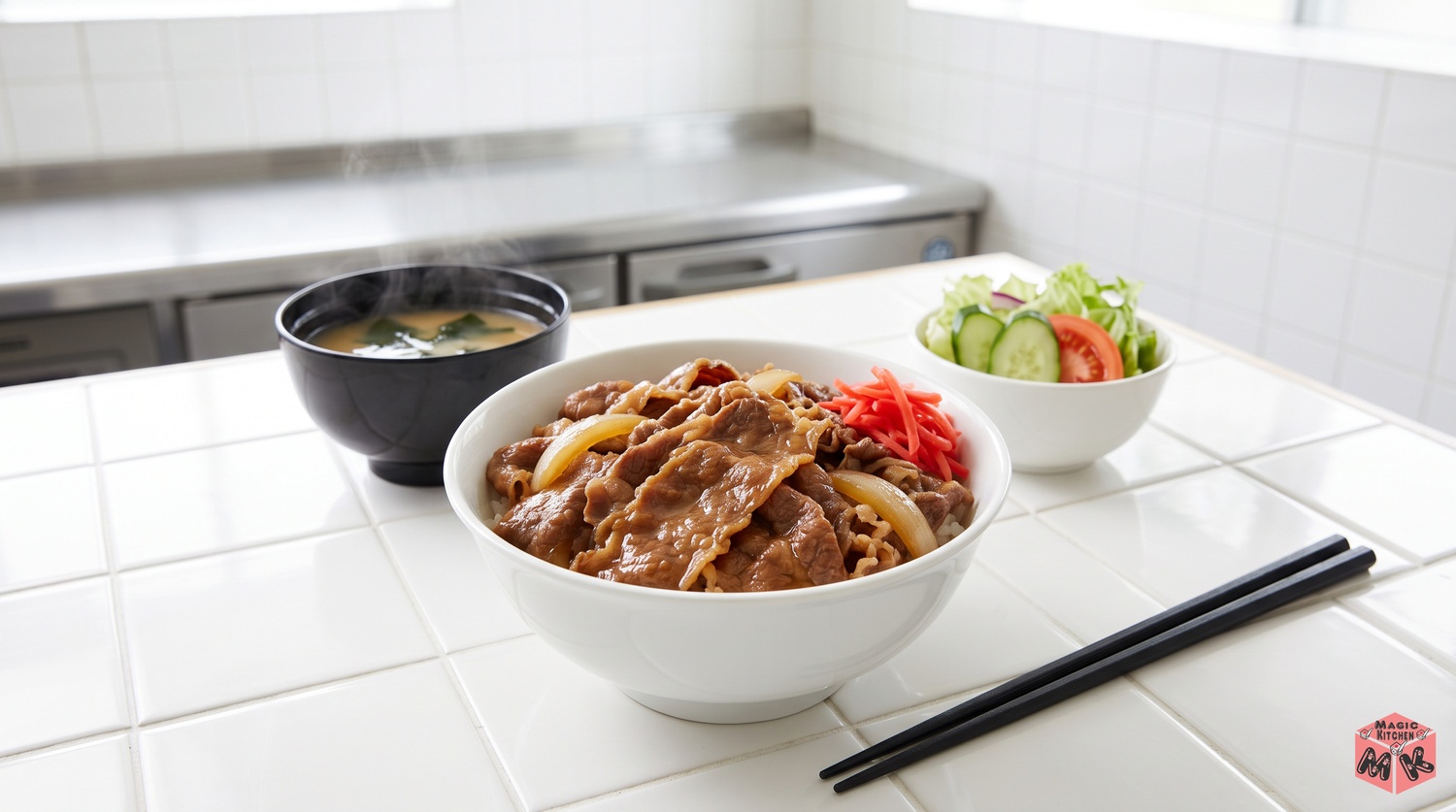 牛丼と味噌汁とサラダの食卓イメージ
