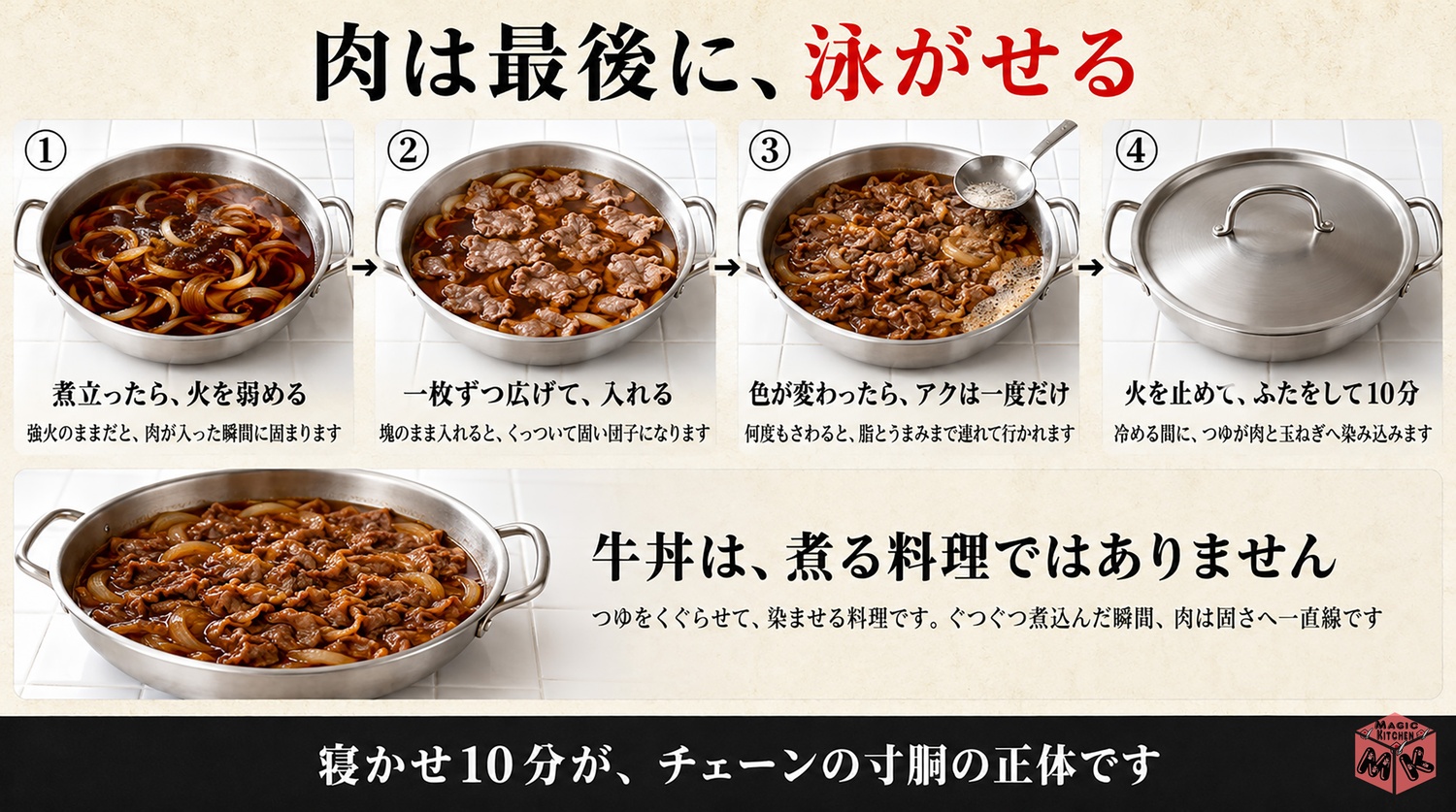 肉を最後に広げて泳がせて煮込まない工程図