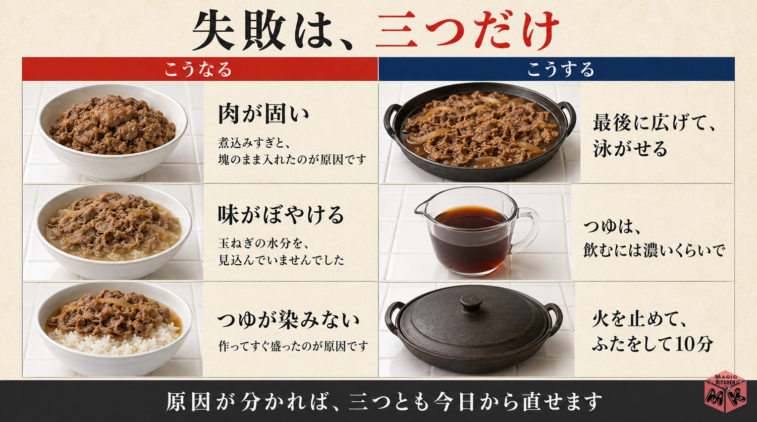 牛丼の失敗3大原因と対策の図解
