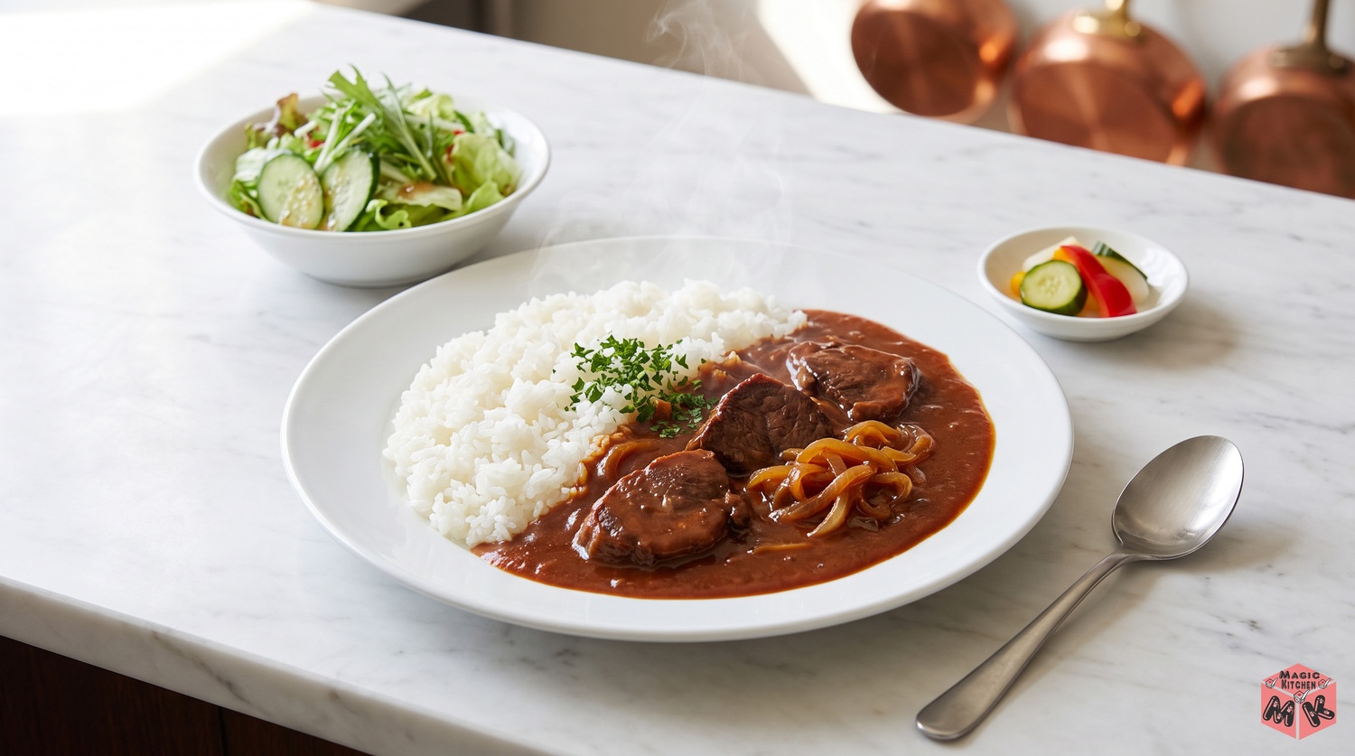 ハヤシライスとサラダの洋食の食卓イメージ